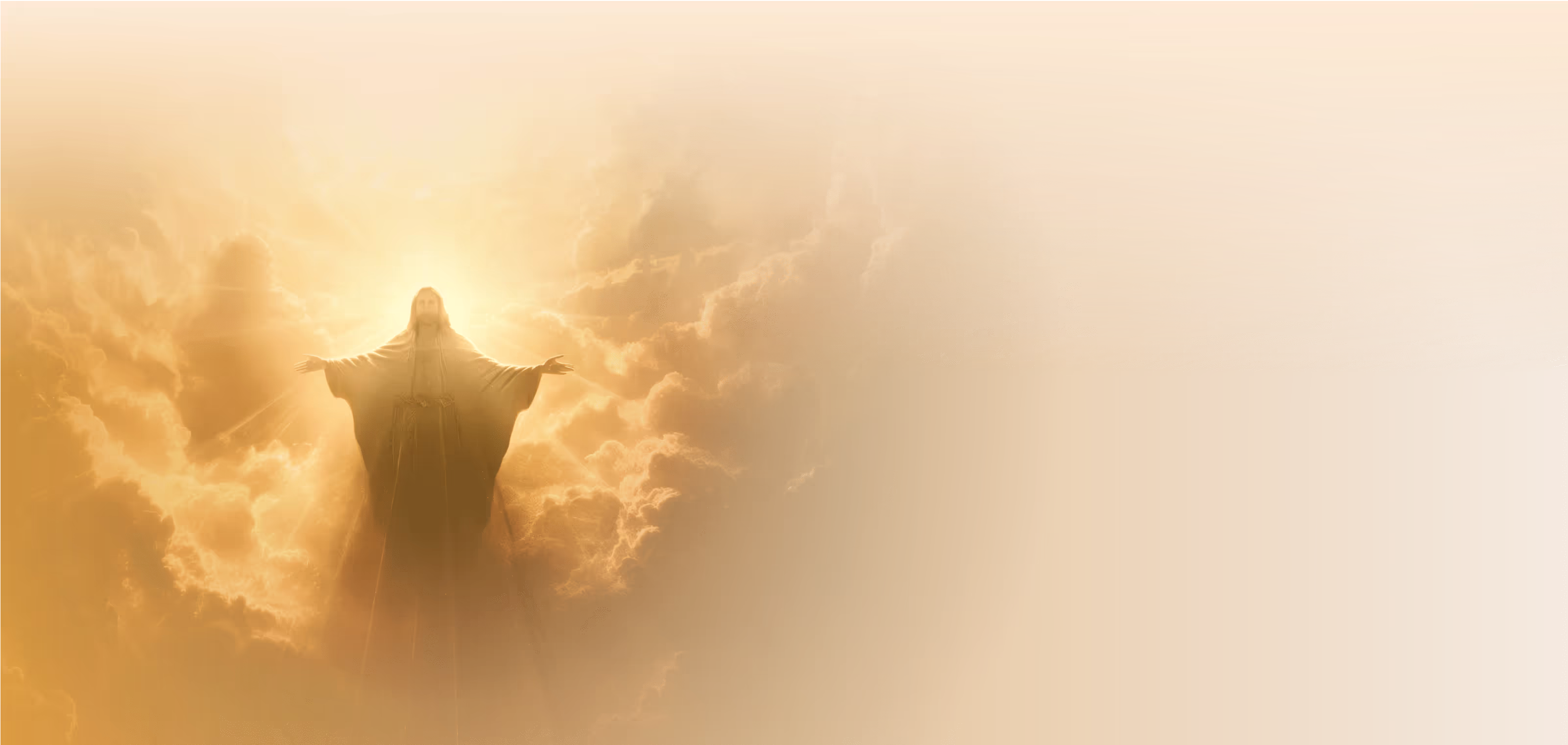 Christ with outstretched arms standing in radiant golden clouds, bathed in light to symbolize resurrection, welcome, and divine presence.