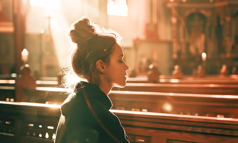 Young woman praying silently in the pews of an Orthodox church, bathed in warm sunlight, symbolizing personal devotion and communion with God in sacred space.