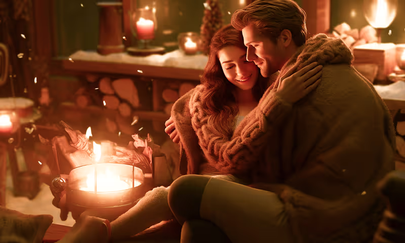 Young couple warmly embracing by the fire, symbolizing Christian marriage, love, and the sanctity of family life as a reflection of God’s blessing.