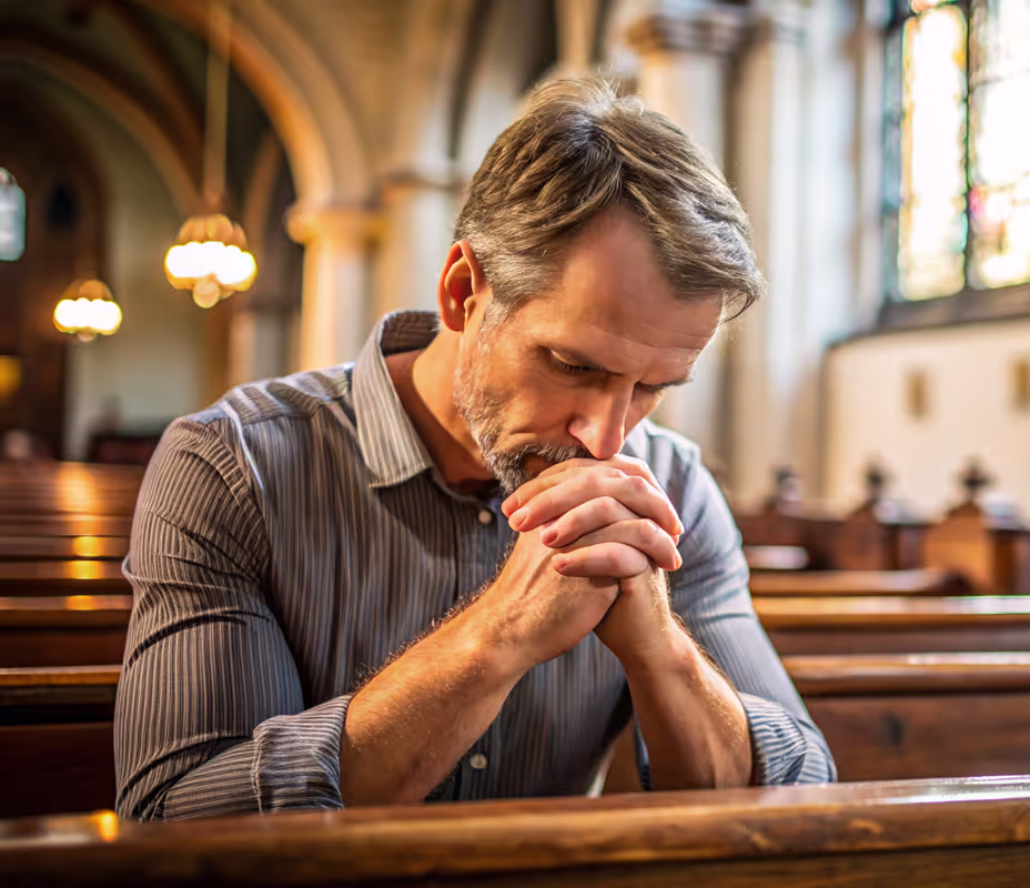 Middle-aged man praying silently in the pews of an Orthodox church, hands folded in devotion, symbolizing repentance, humility, and communion with God.