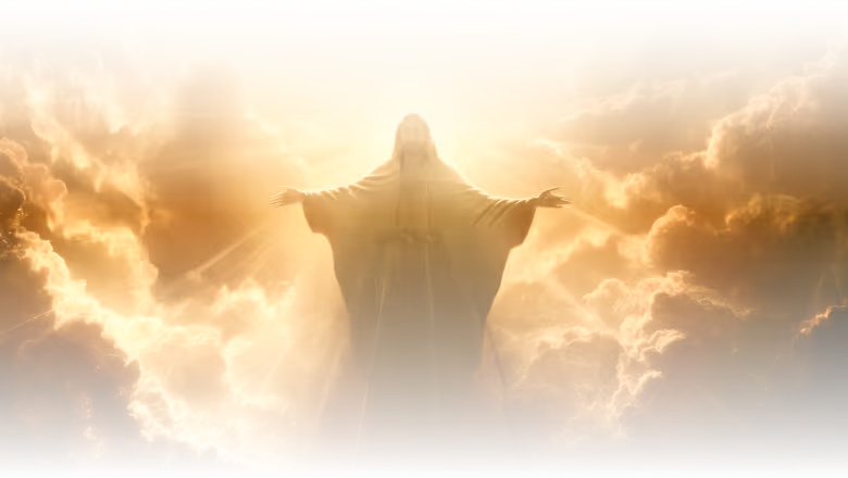 Depiction of Jesus Christ with outstretched arms amid radiant golden clouds, evoking Orthodox themes of resurrection, kingship, and divine mercy.