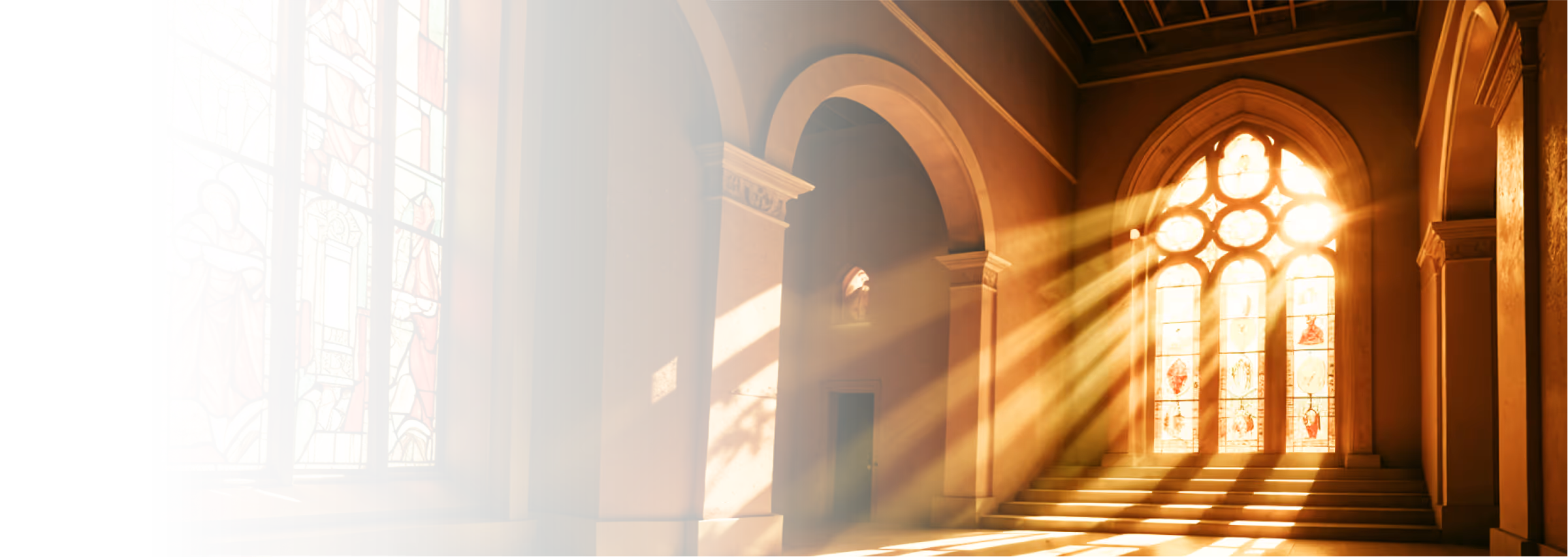 Beautiful stained glass windows filter sunlight in a serene church interior, evoking prayerful reflection and devotion.
