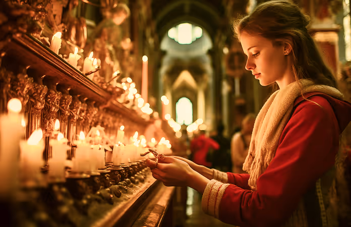 Woman in prayer, candle lit, capturing a moment of Christian devotion and faith.