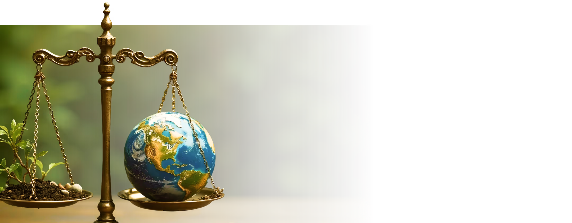 Harmony with nature and God's creation symbolized through balanced golden scales of stewardship.