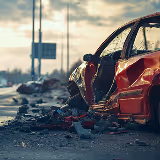 Car damage after accident as sunset approaches, a reminder of God's guiding hand.
