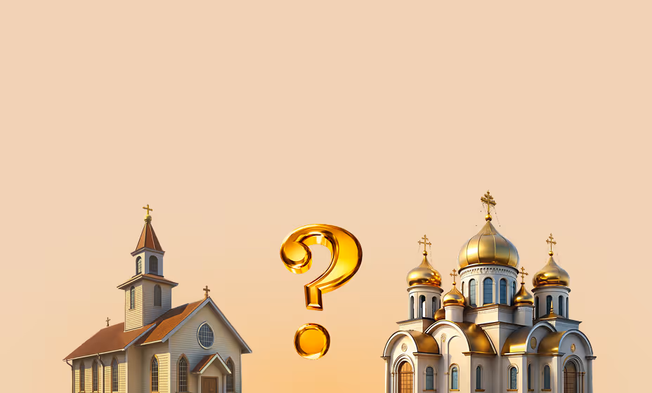 Two stylized church illustrations (Western and Orthodox) separated by a golden question mark.