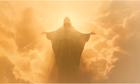 Christ in heavenly glory with outstretched arms, surrounded by clouds and divine light.