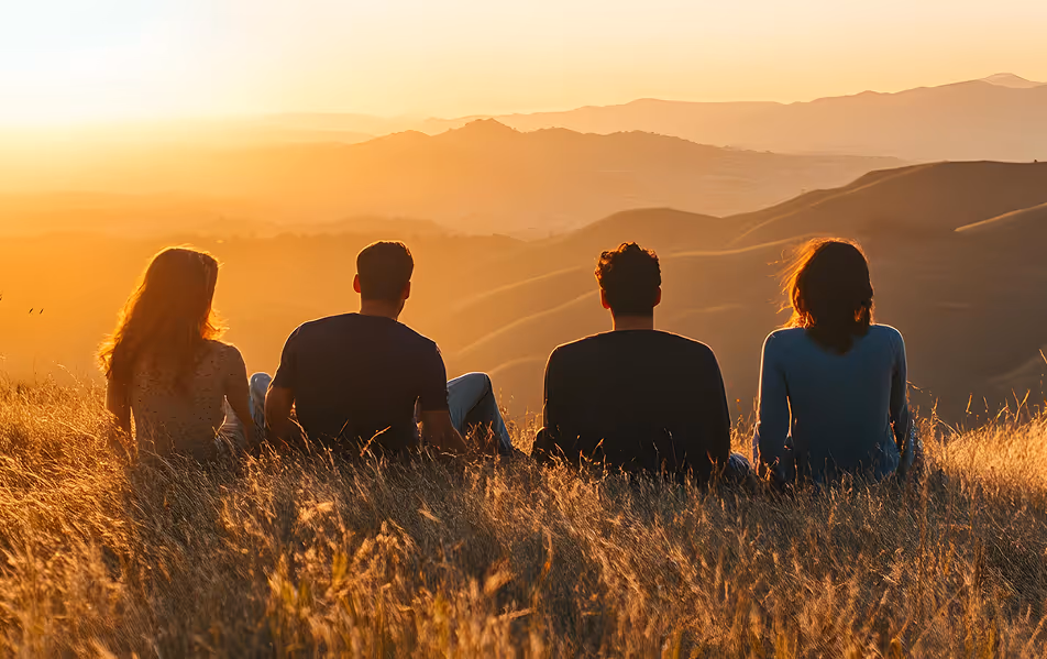 Orthodox Christians gathered in prayer at serene hillside watching peaceful Orthodox sunset.