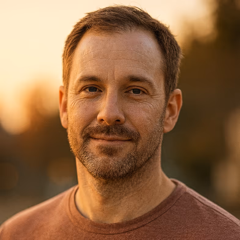 Jason Miller, 36, at sunset in Toronto—portrait for his testimony of freedom from addiction after prayer.
