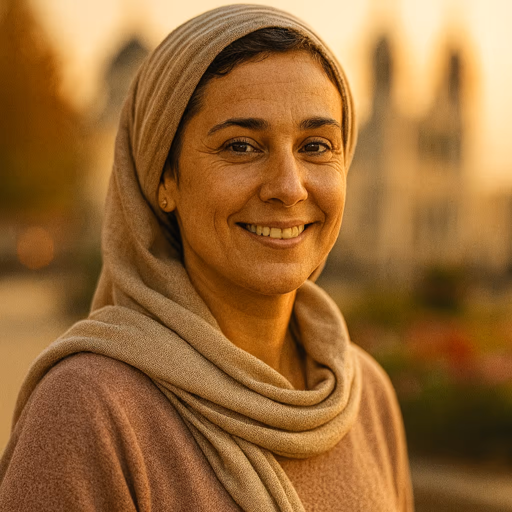 Maria Lopez, 41, near a cathedral in Madrid—portrait for her testimony of recovery from terminal illness.