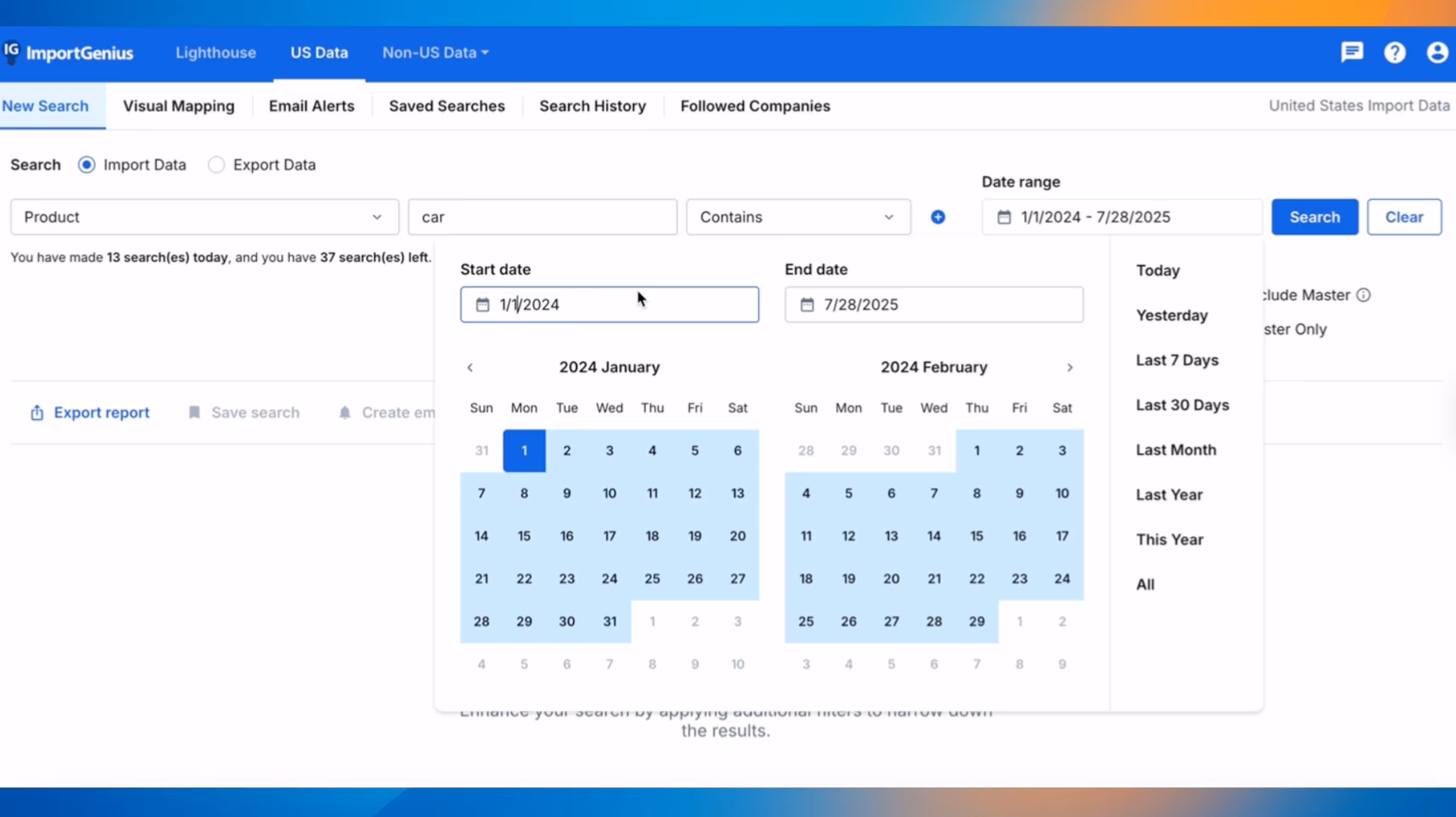 HS Codes Dashboard Calendar
