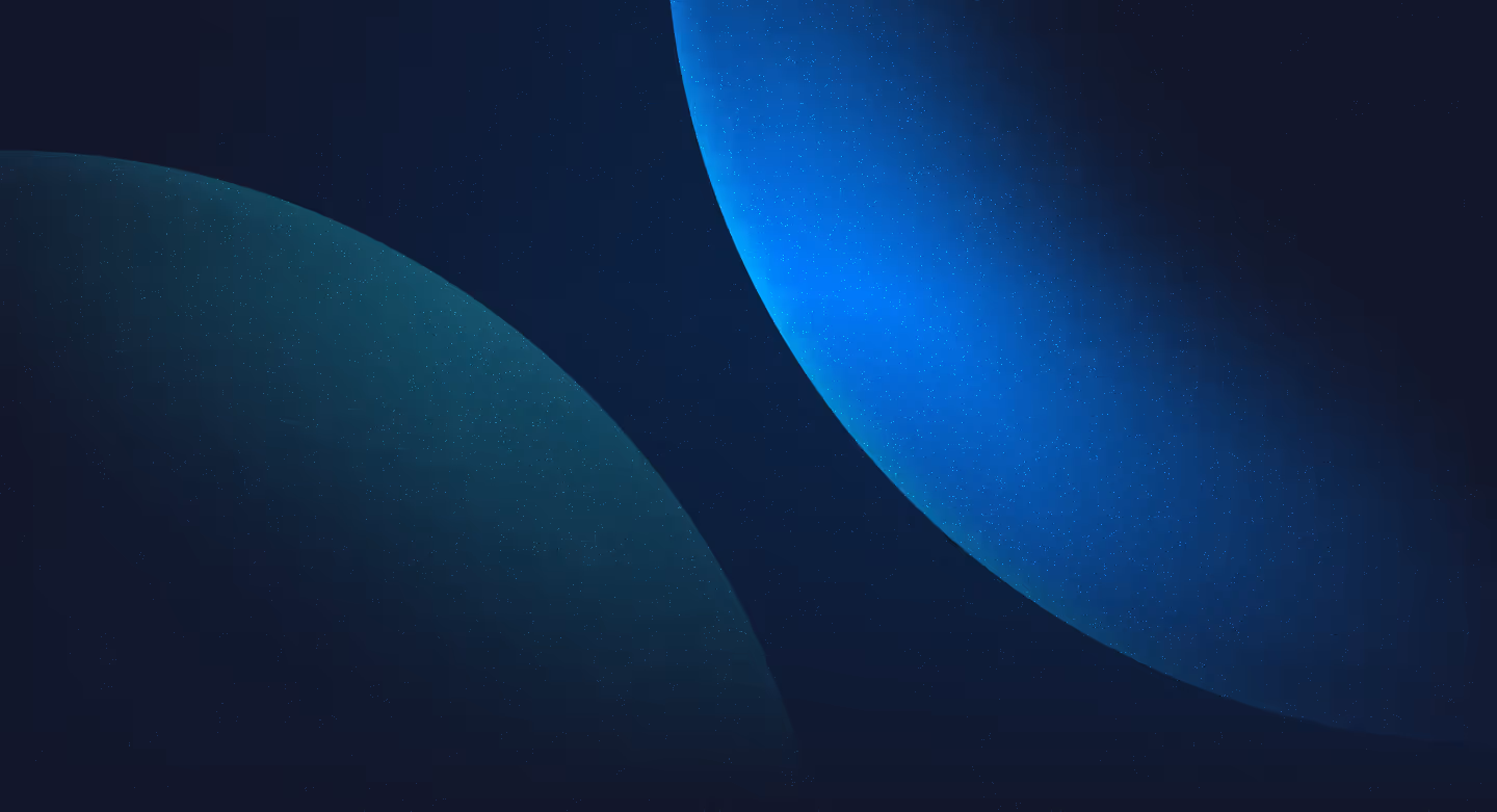 Abstract dark background with two large, softly glowing blue and green gradient spheres and small scattered light dots.