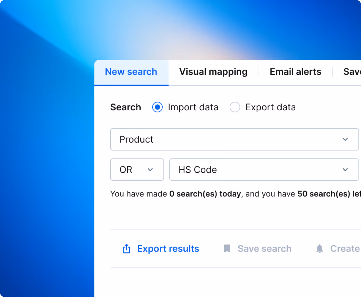 User interface screen showing a search panel with options to import or export data, dropdowns for Product and HS Code, and counters for searches used and remaining.