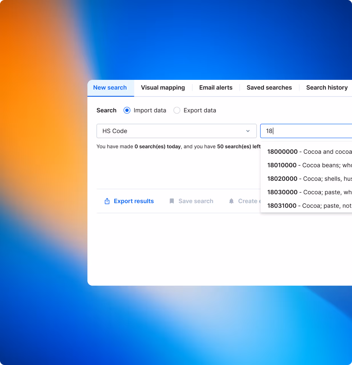 Screen displaying a search interface for import or export data by HS Code with results for codes starting with 18 related to cocoa products.