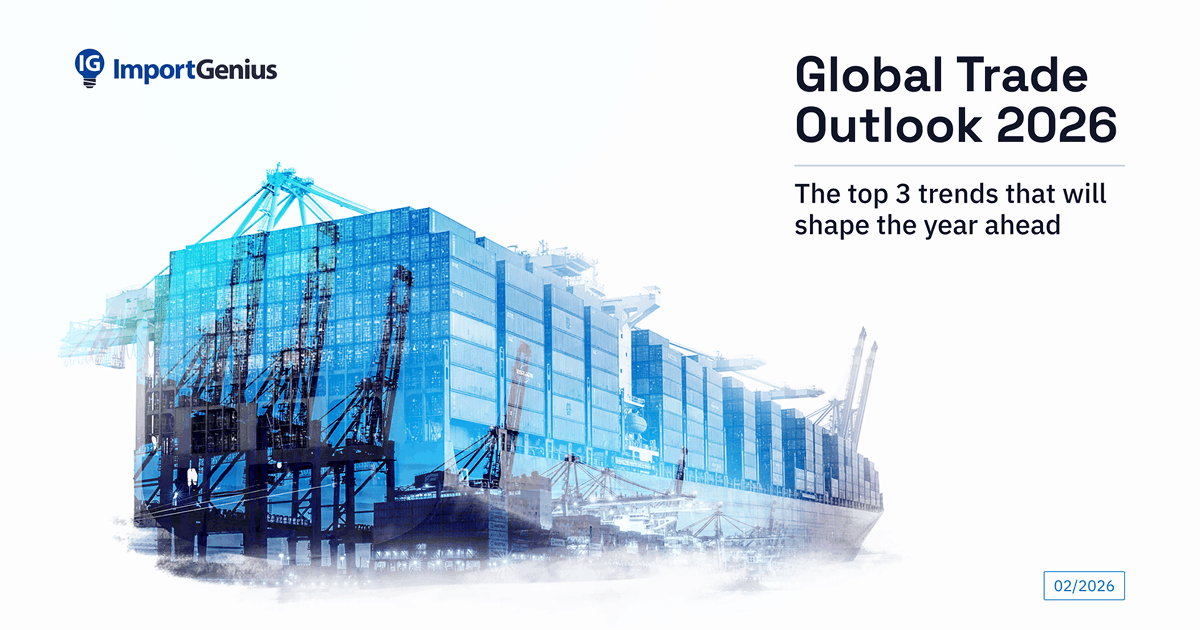 Container ship loaded with blue shipping containers at a port with cranes, titled Global Trade Outlook 2026 highlighting top 3 trends shaping the year ahead.