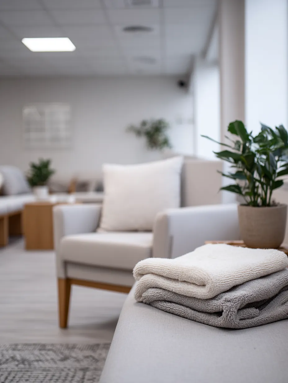 Clean and inviting waiting area in a modern medical clinic, featuring comfortable light-colored chairs, a small table, a potted plant, and neatly folded towels, conveying a sense of calm and patient comfort.