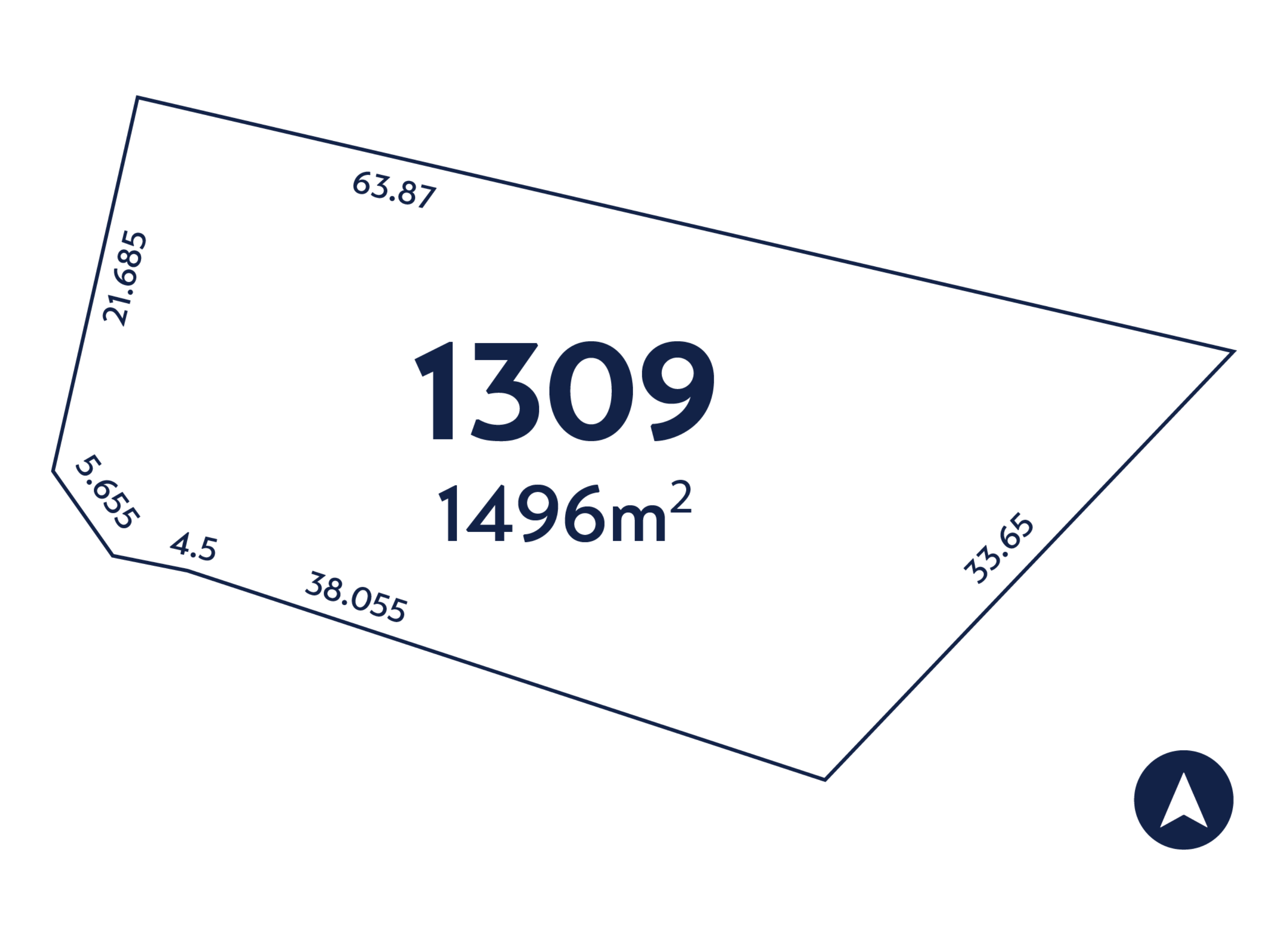 North facing frawing of lot 1309 with measurements - 1496smq,
Frontage: 38.005m, Rear: 63.87m, Right: 33.65m, Left: 21.685m