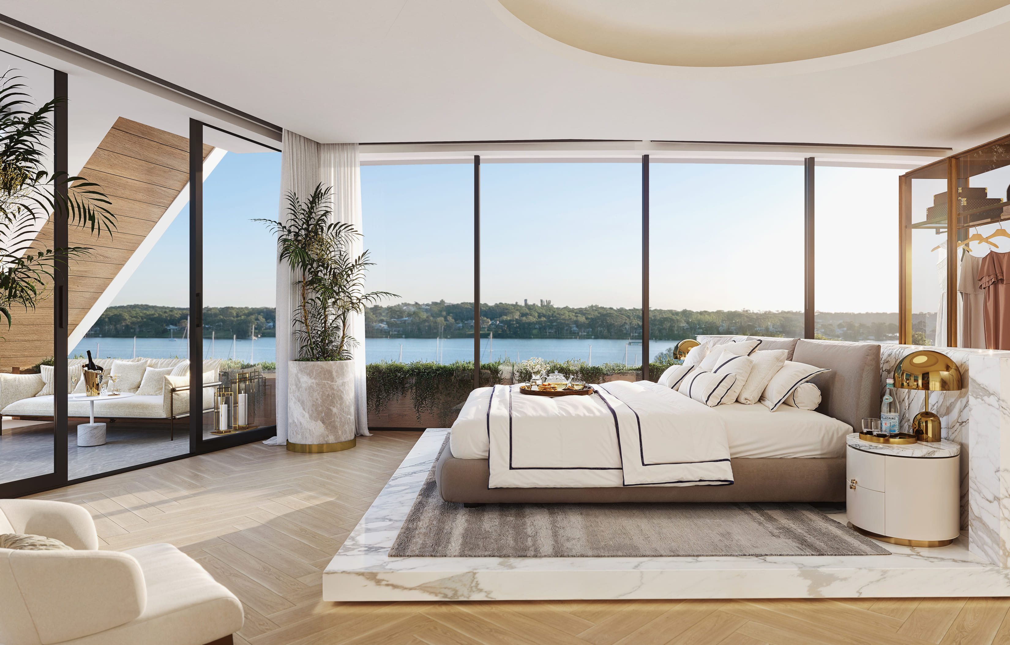 Render of a bedroom showing the view of the lake