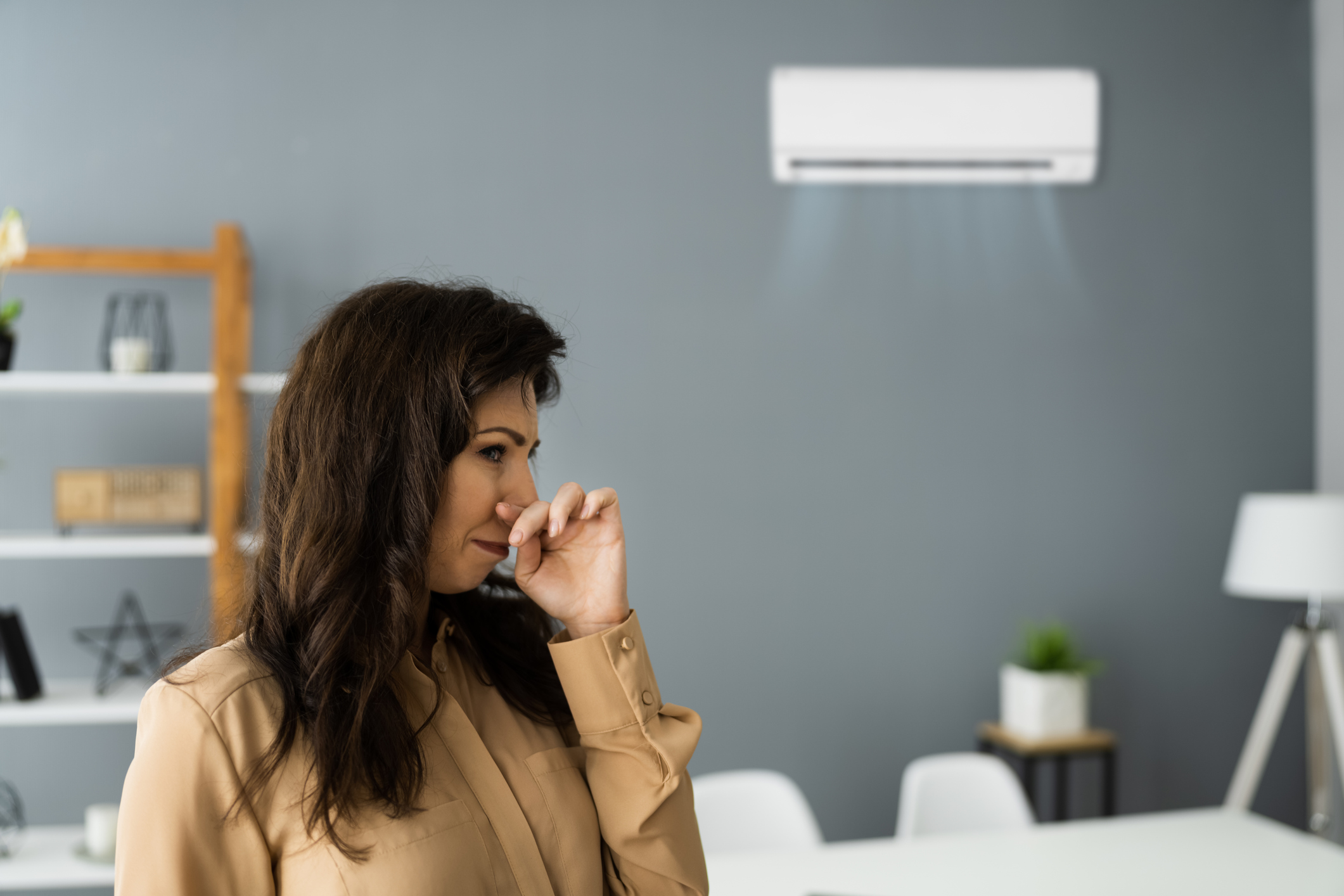 Woman Detecting Bad Odor From Air Conditioner
