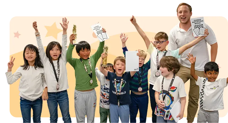 A group of diverse children and a smiling instructor celebrate together, holding up chess trophies, medals, and chess notation books.
