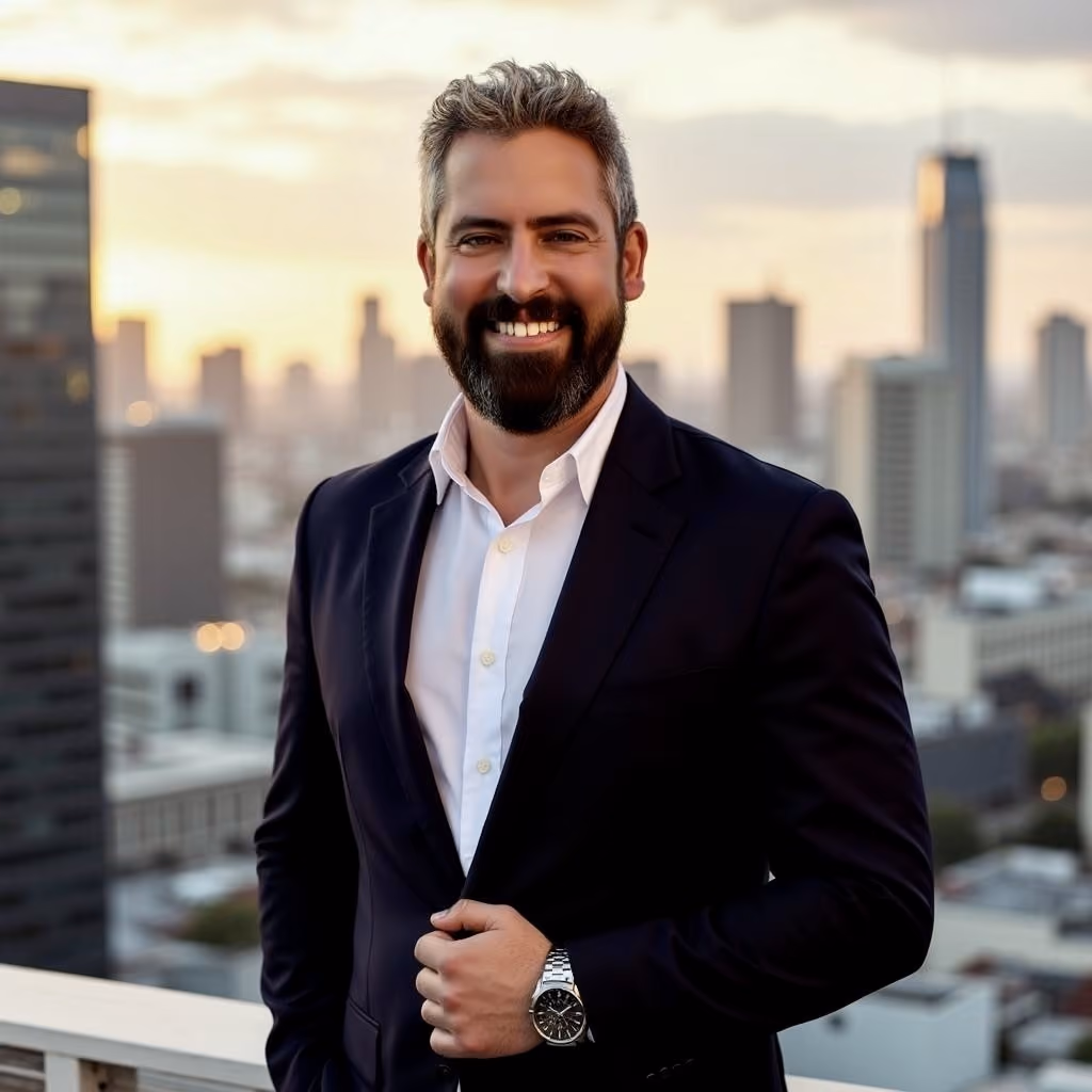 A smiling man in a classic suit and white shirt against a cityscape background.