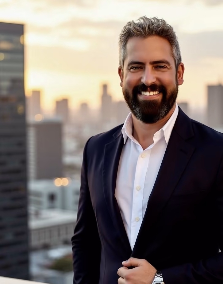 A smiling man in a classic suit and white shirt against a cityscape background for mobile.