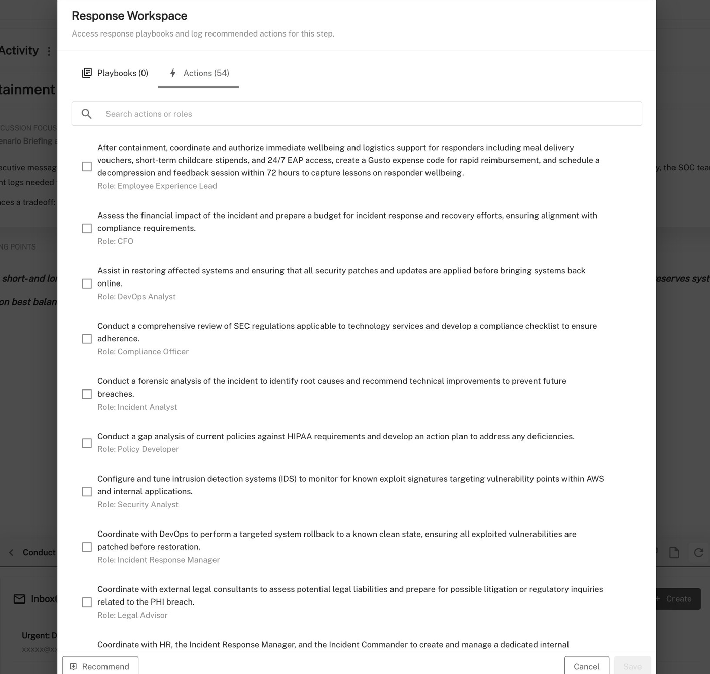 Opsbook Response Workspace showing 54 role-specific action templates including CFO, DevOps Analyst, Compliance Officer, Incident Analyst, and Legal Advisor, assignable to participants during the live exercise.