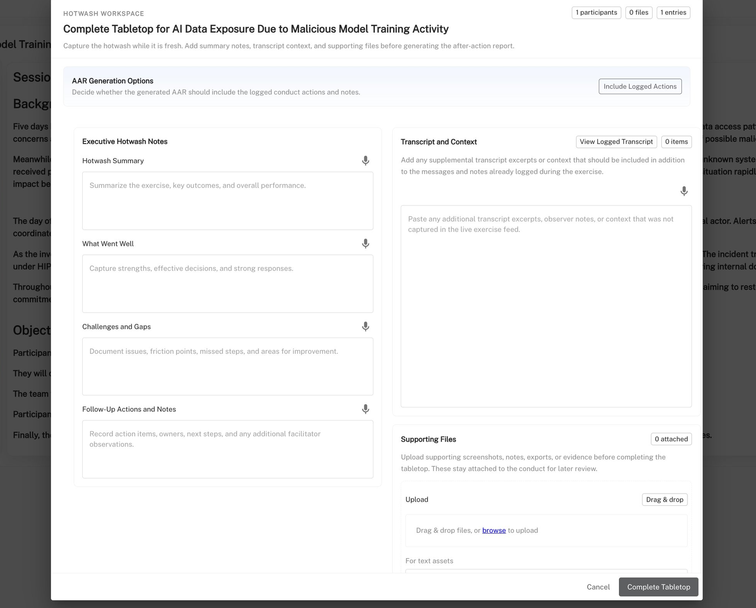 Opsbook Hotwash Workspace: a structured debrief capture form with fields for executive summary, what went well, challenges and gaps, follow-up actions, transcript context, and supporting file uploads.