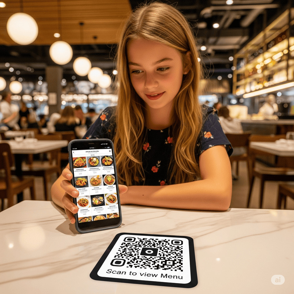 A cute girl scanning QR code to view menu