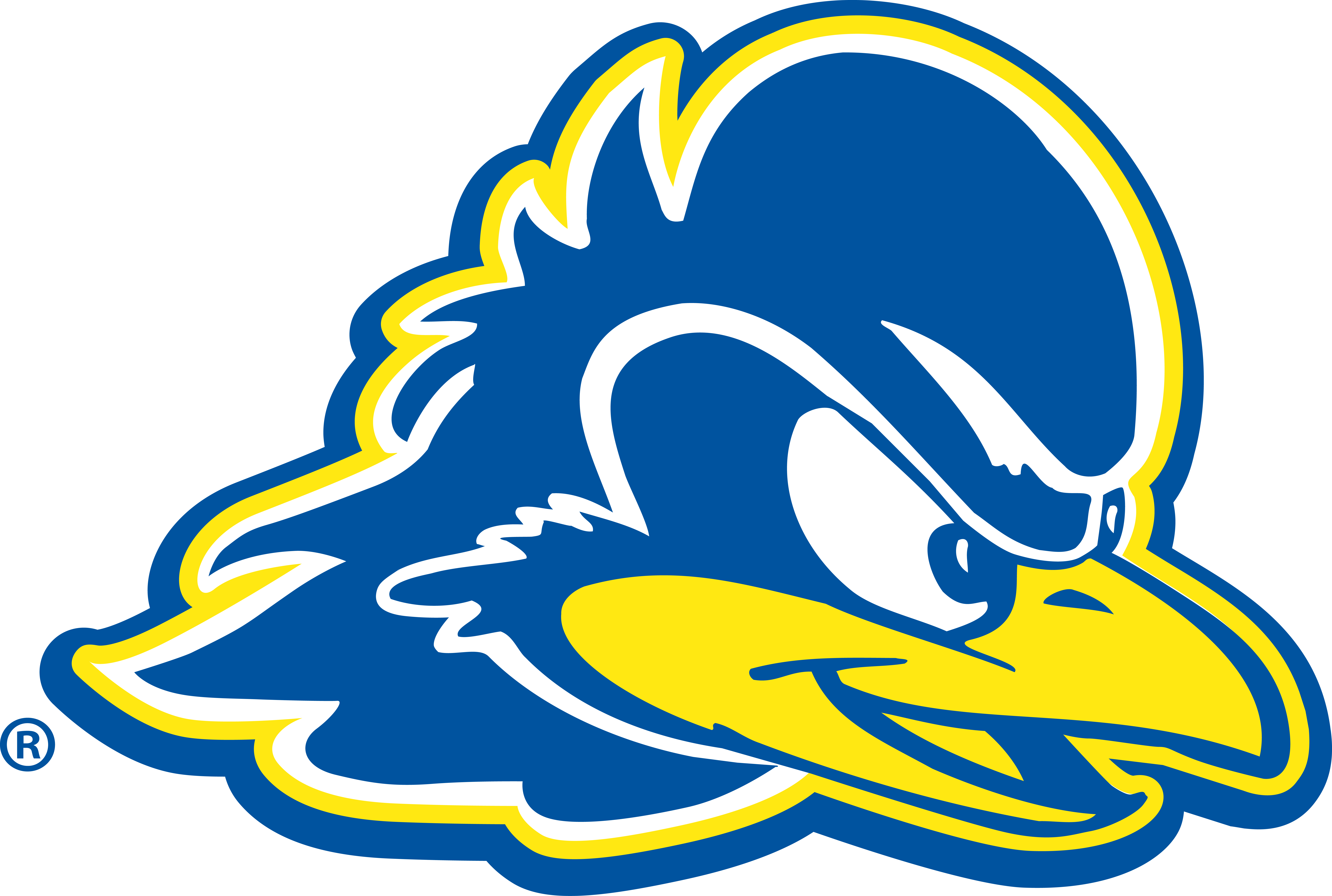 Bluejay mascot head with blue feathers and a yellow beak outlined in white and yellow.