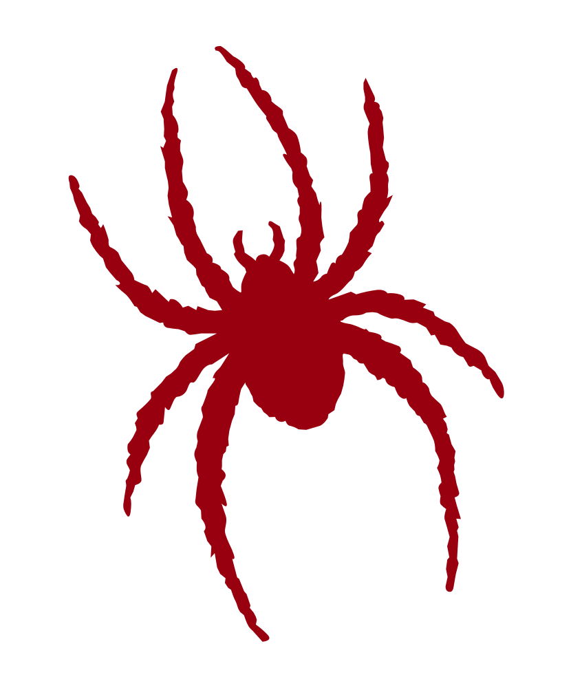 Silhouette of a red spider with eight legs on a black background.