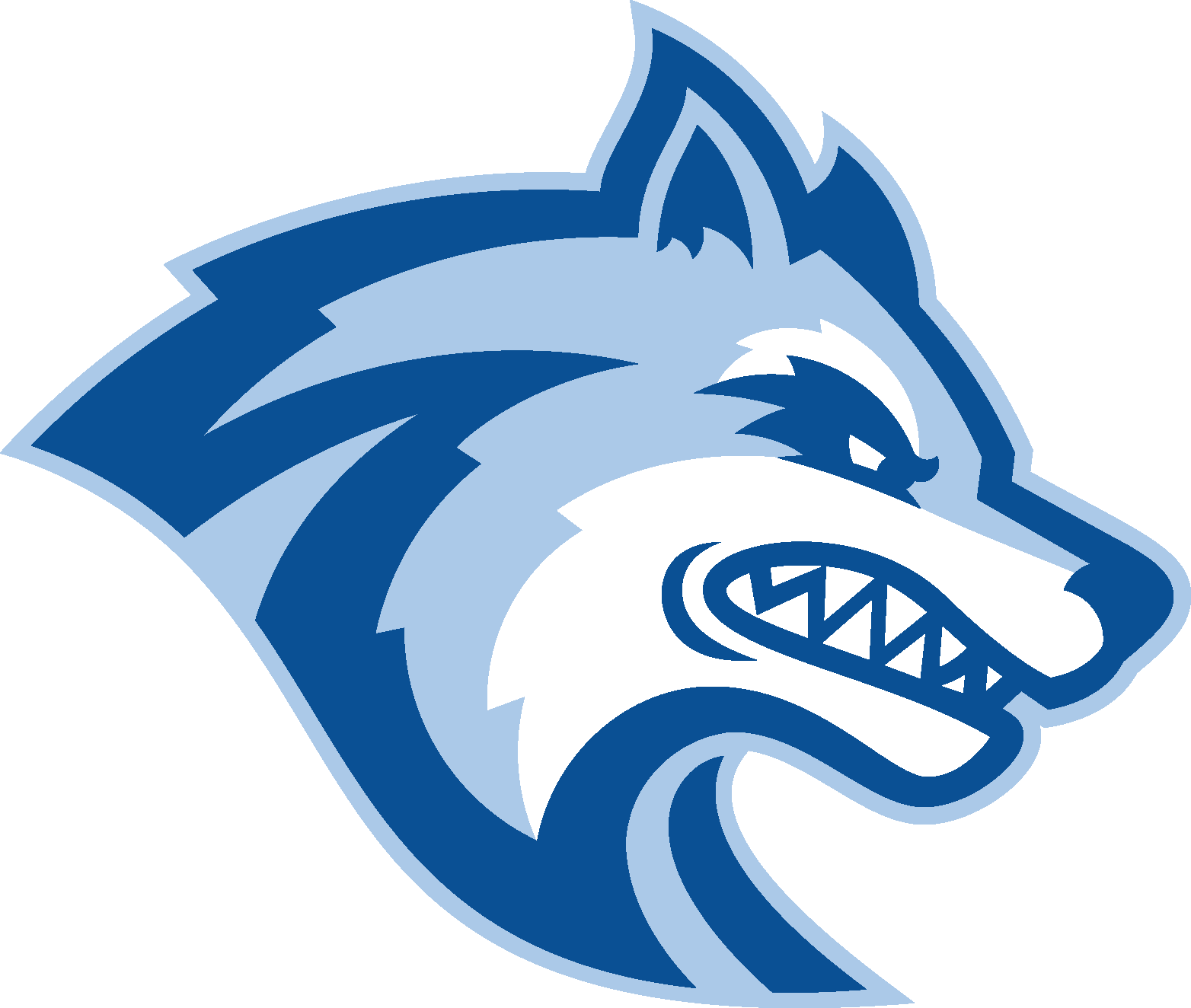 Stylized blue and white fierce wolf head logo facing right with bared teeth.