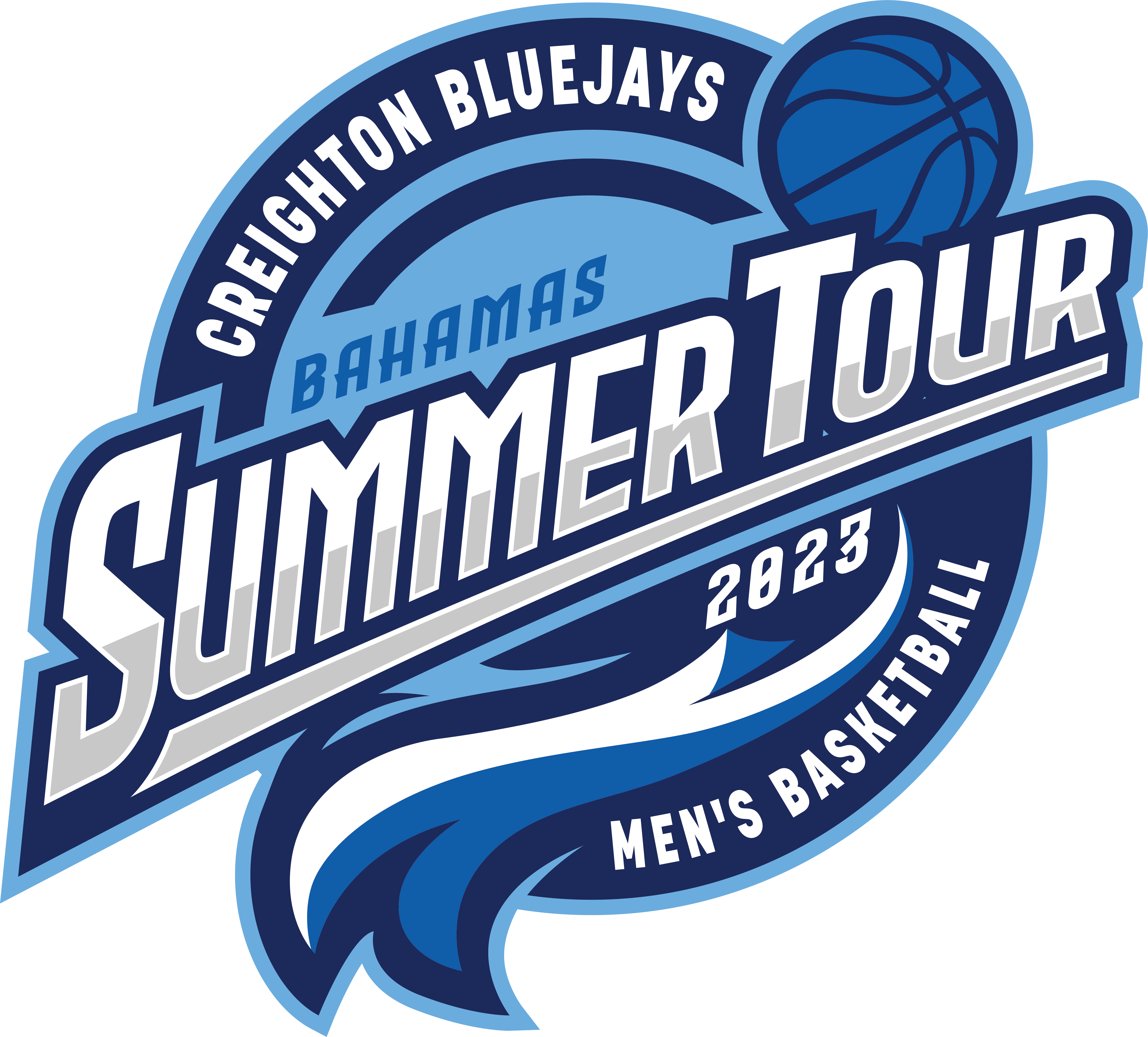 Creighton Bluejays Bahamas Summer Tour 2023 logo with basketball and wave graphics for men's basketball.