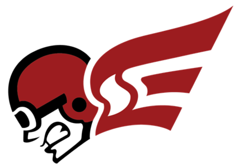 Stylized red football helmet facing a red wing with a white flame shape inside.