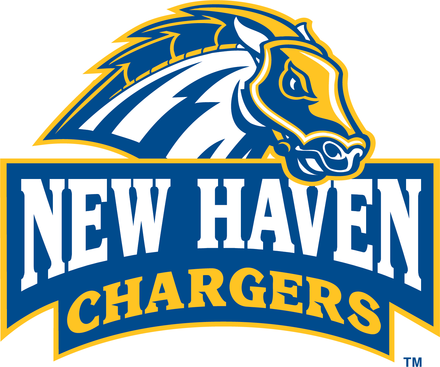 New Haven Chargers logo featuring a stylized horse head above text in blue and yellow.