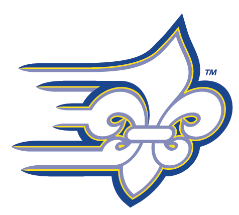 Blue and white stylized fleur-de-lis with motion lines on a white background.