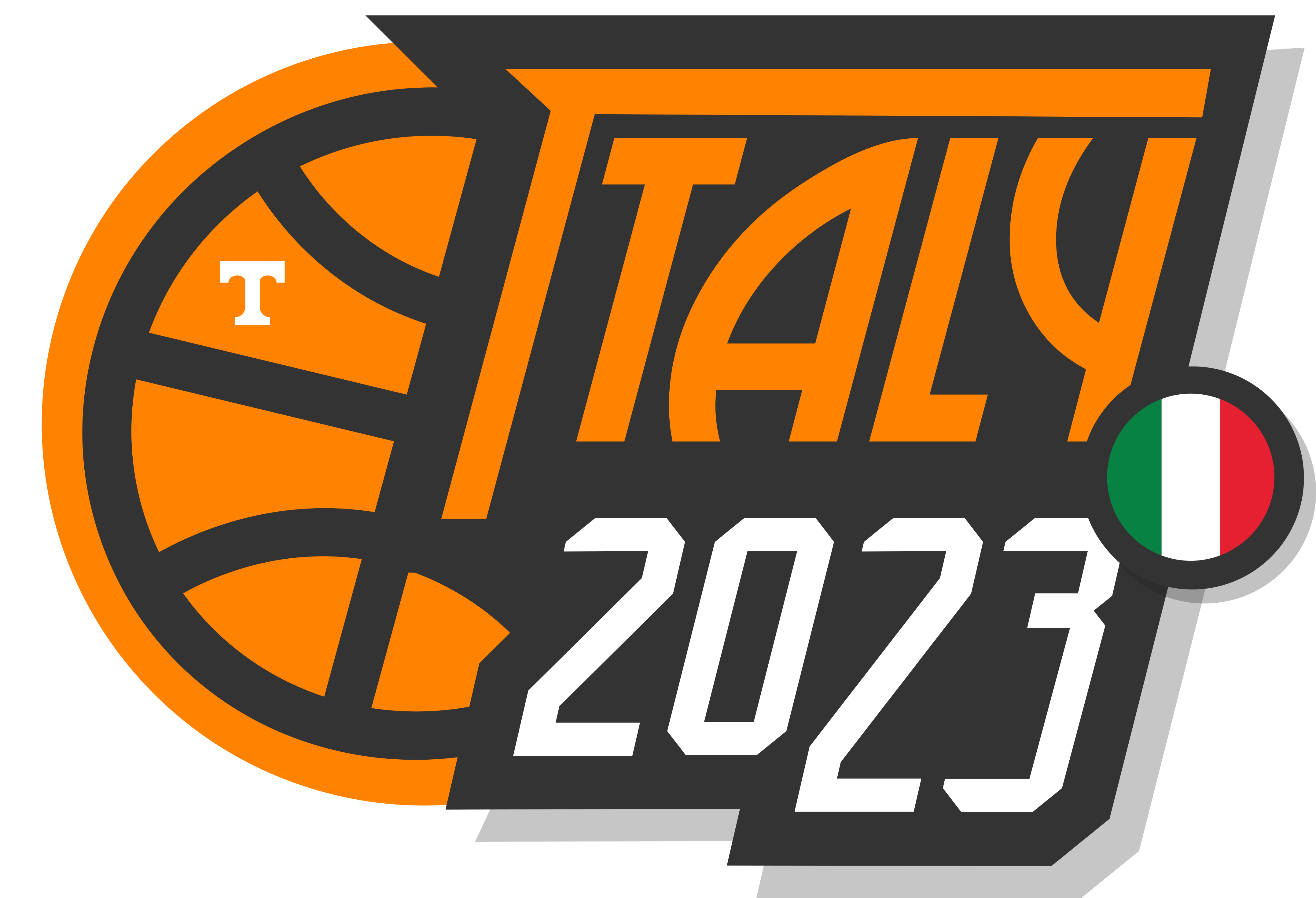 Basketball graphic with T inside, Italy text, 2023 number, and Italian flag icon.
