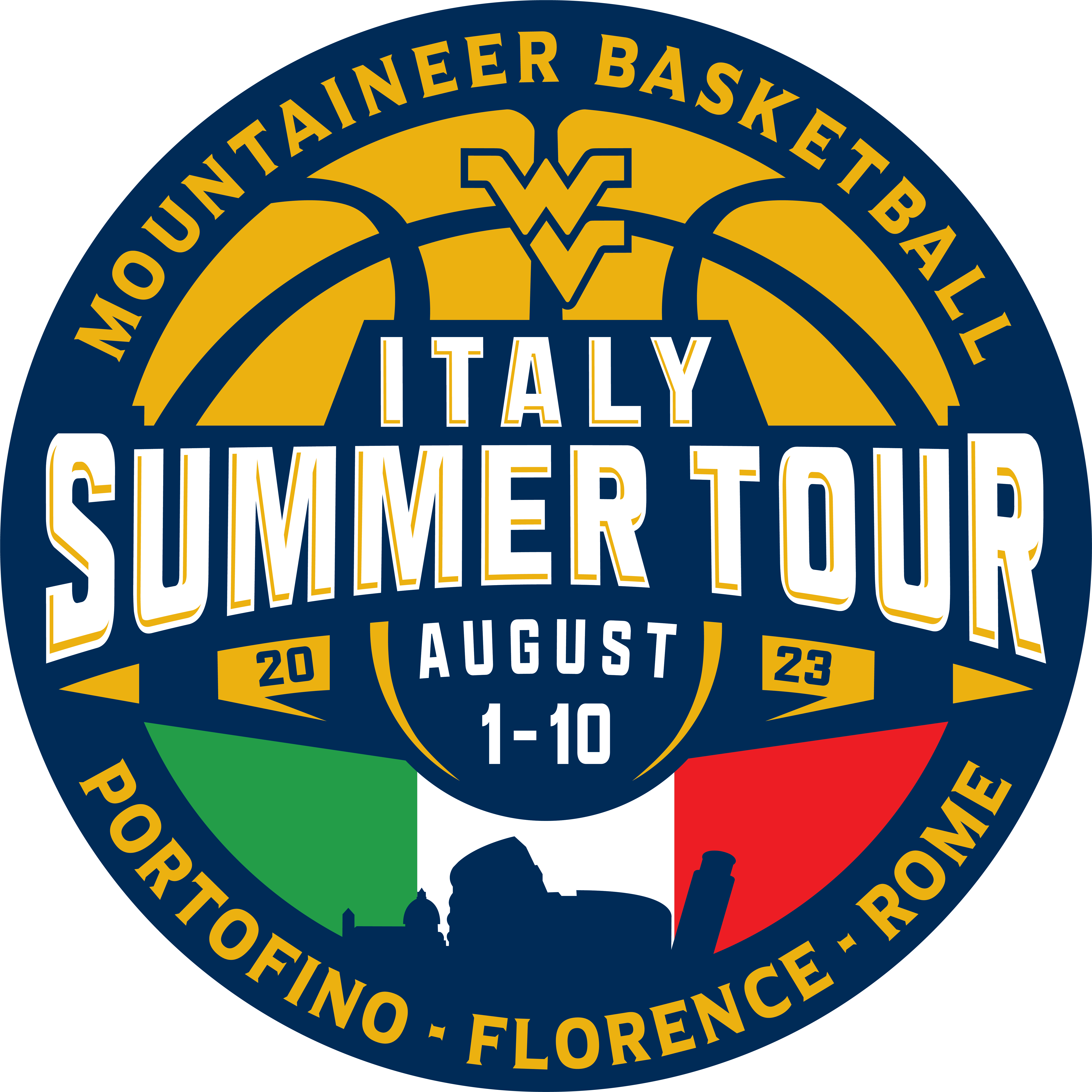 Mountaineer Basketball logo for Italy Summer Tour August 1-10, 2023, featuring Italy flag and landmarks.