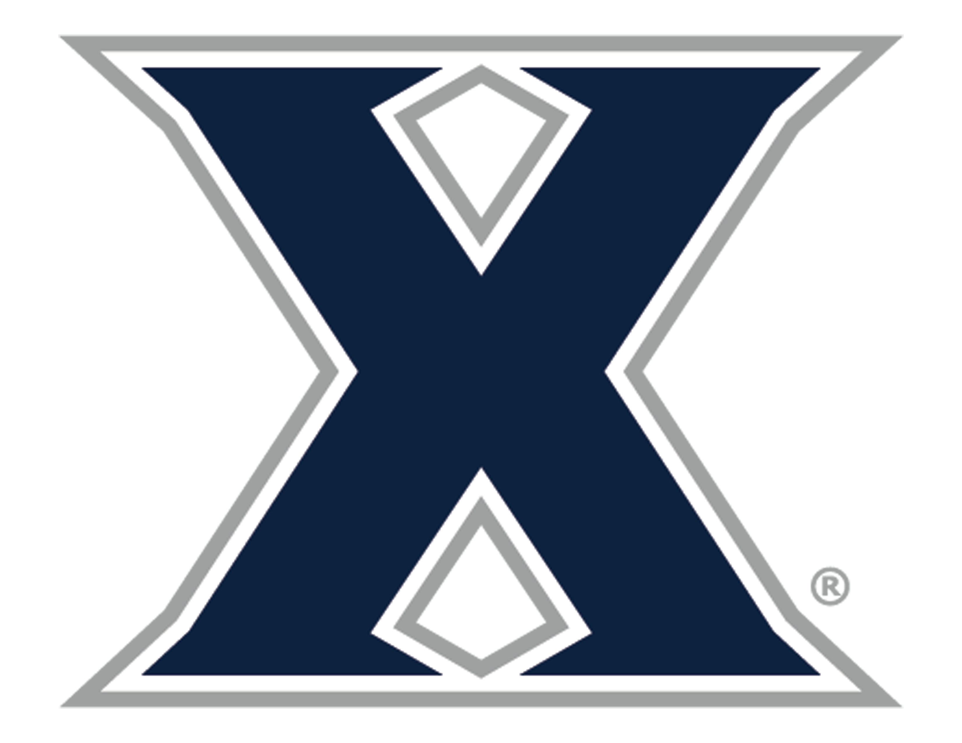 Bold navy blue letter X with gray and white outline on transparent background.