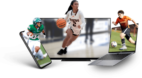 Football, basketball, and soccer players appearing to come out of a phone, TV, and laptop screens.