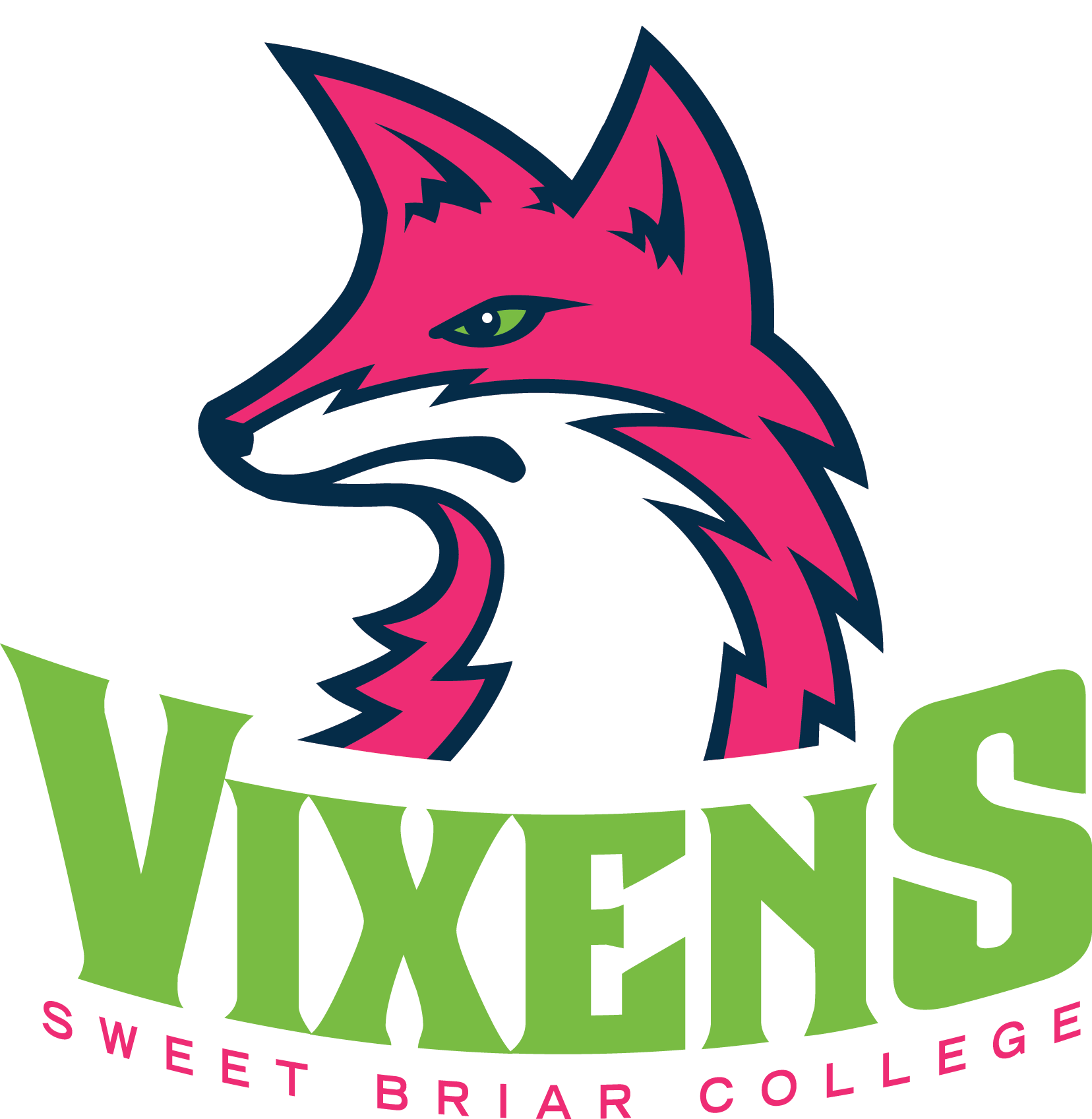Pink and white fox head logo with green text 'VIXENS' and pink 'Sweet Briar College' below.