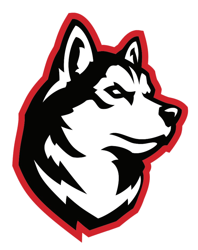 Black and white husky head in profile outlined in red.