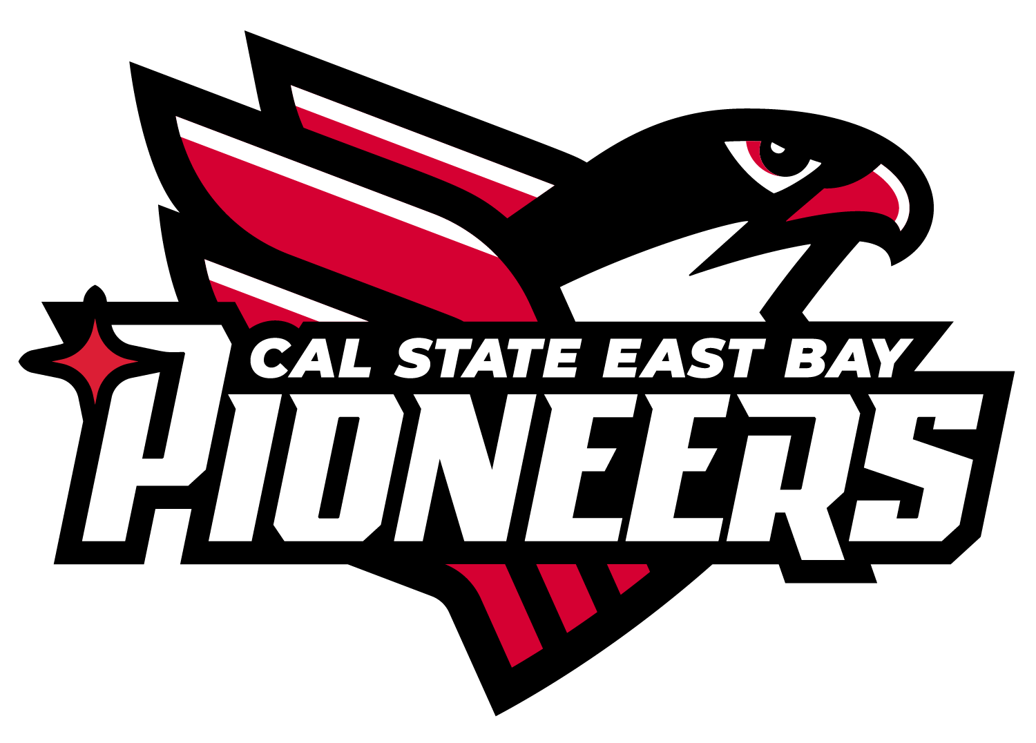 Cal State East Bay Pioneers logo with stylized hawk head and wings in red, black, and white.