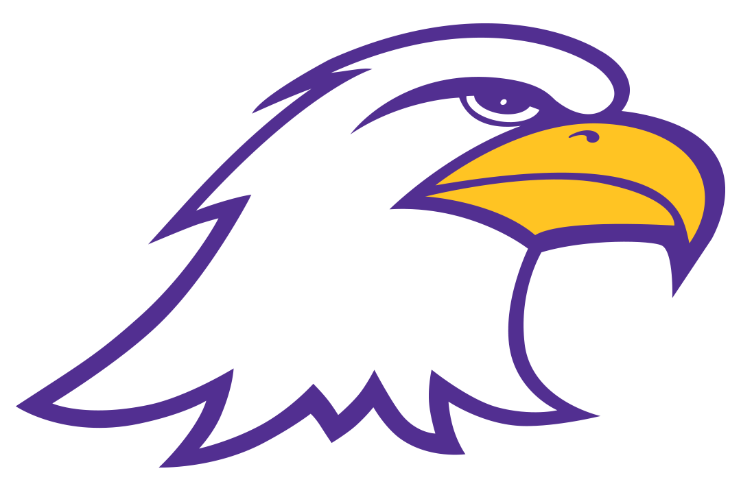 White eagle head with yellow beak outlined in purple facing right.