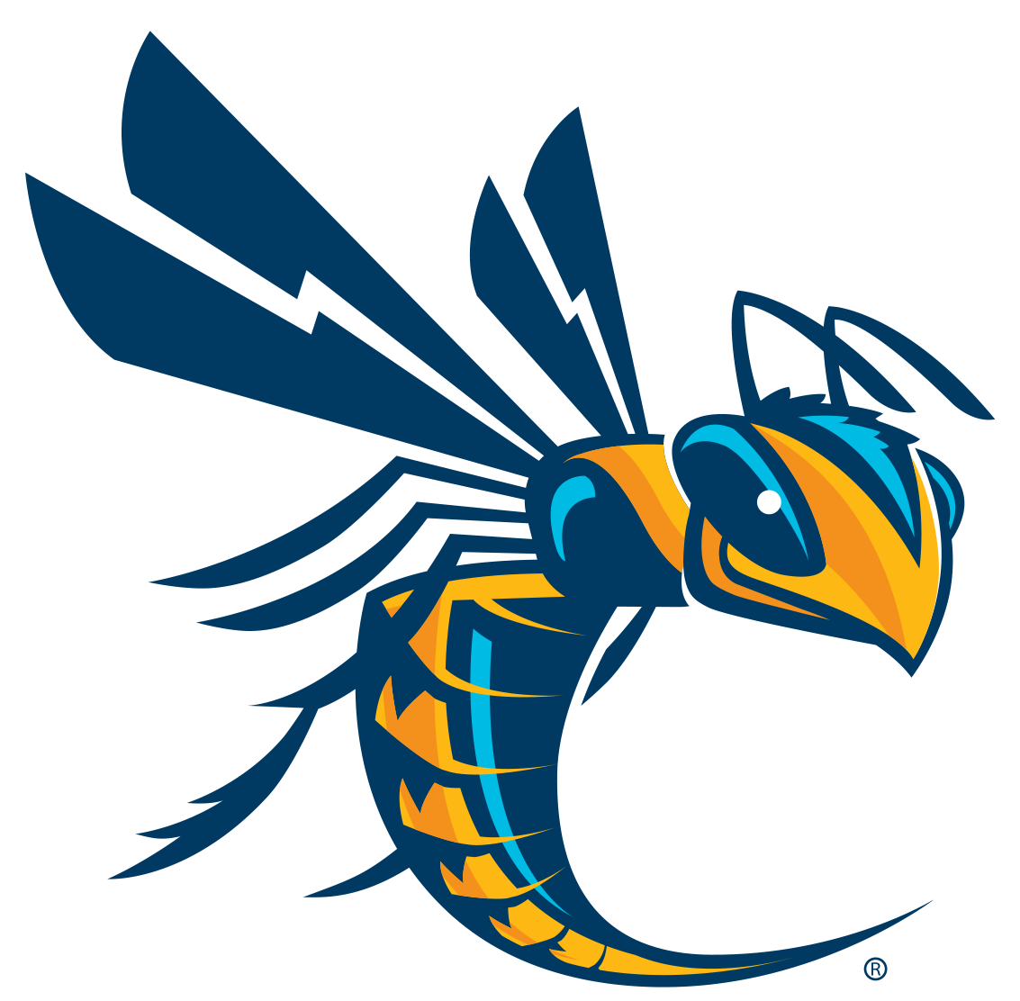 Stylized hornet mascot with wings, antennae, and bold blue and yellow colors.