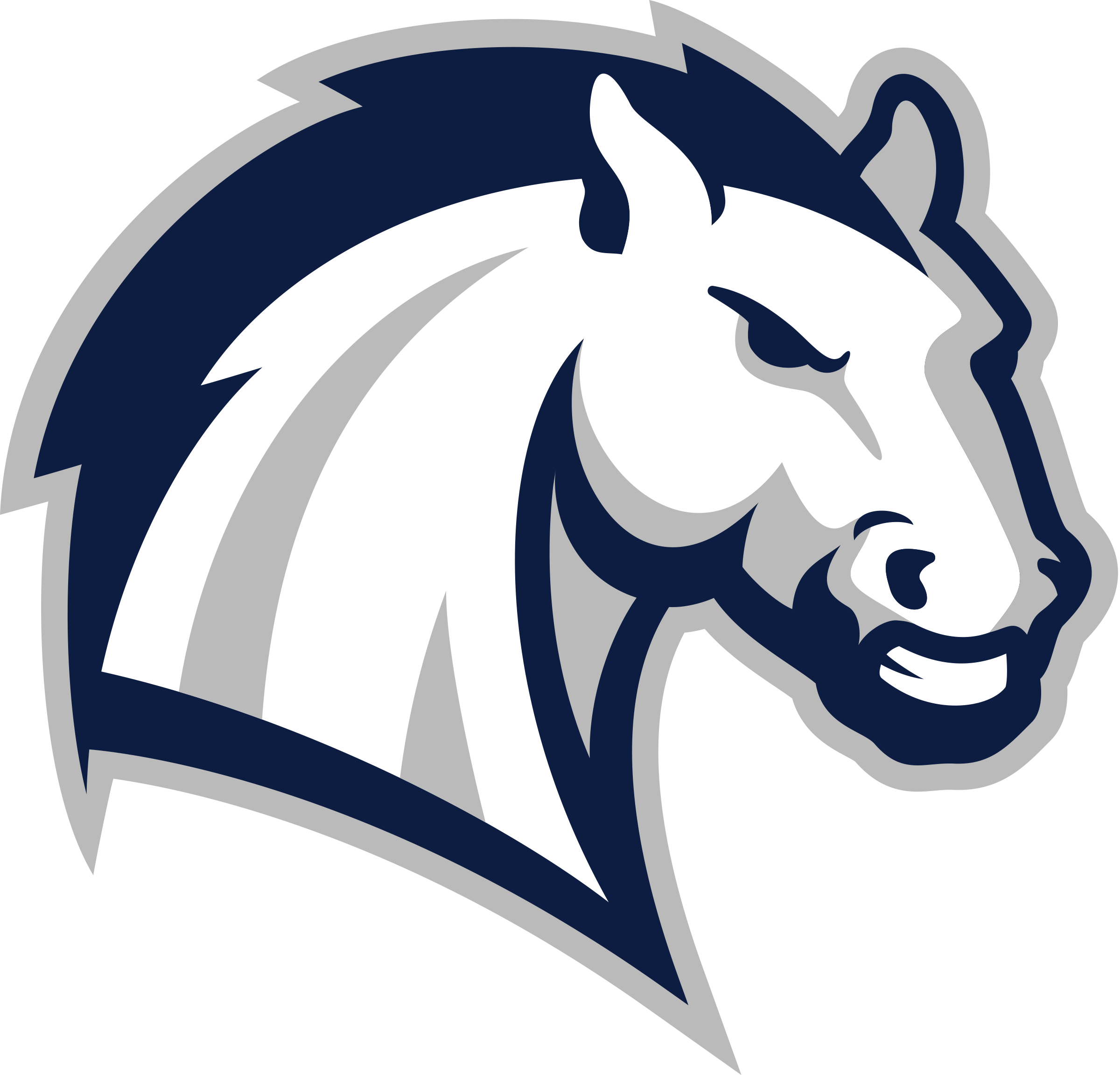 Stylized white horse head with navy blue mane and gray outlines facing right.