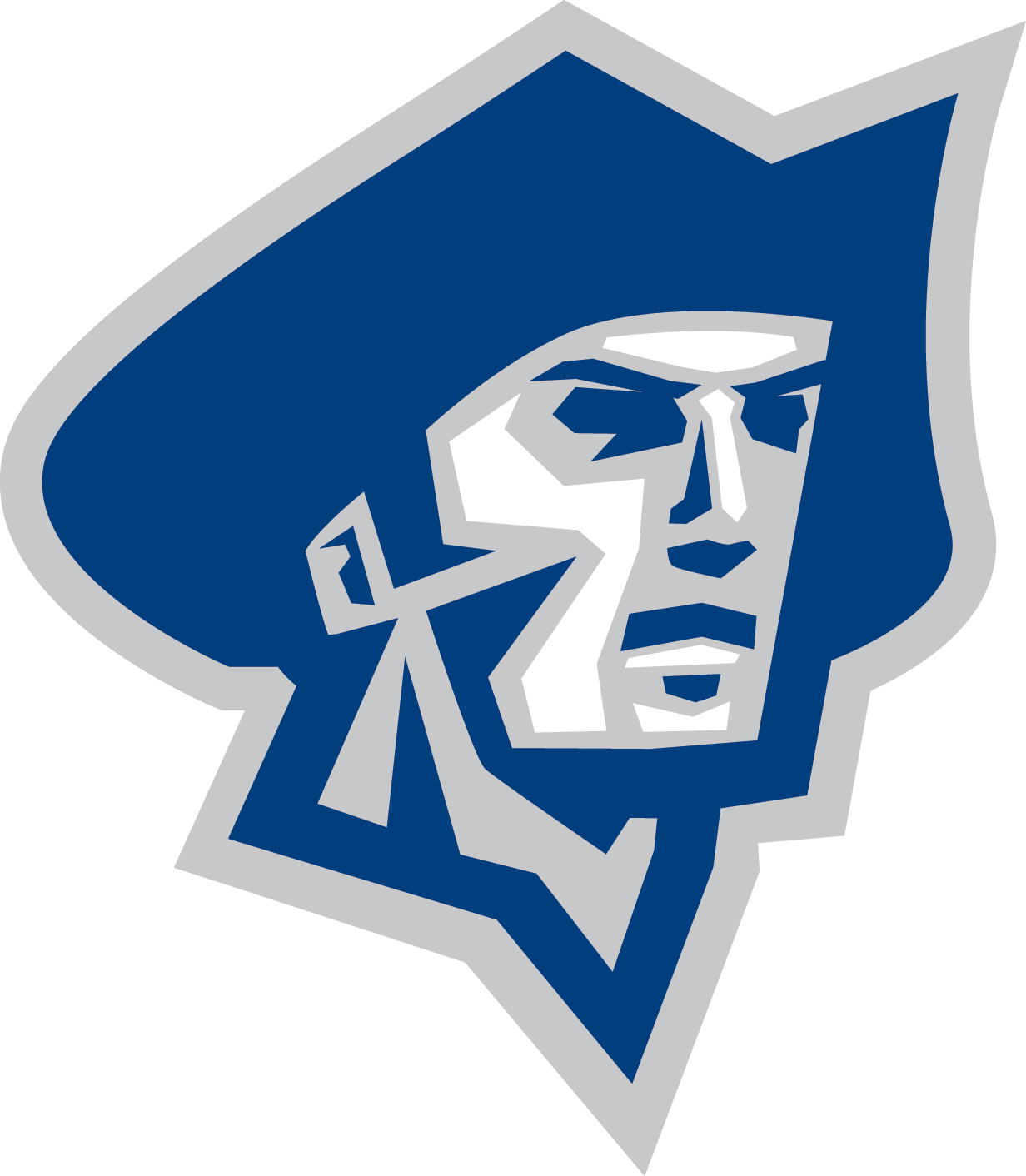 Stylized blue and gray face of a pioneer wearing a wide-brimmed hat.