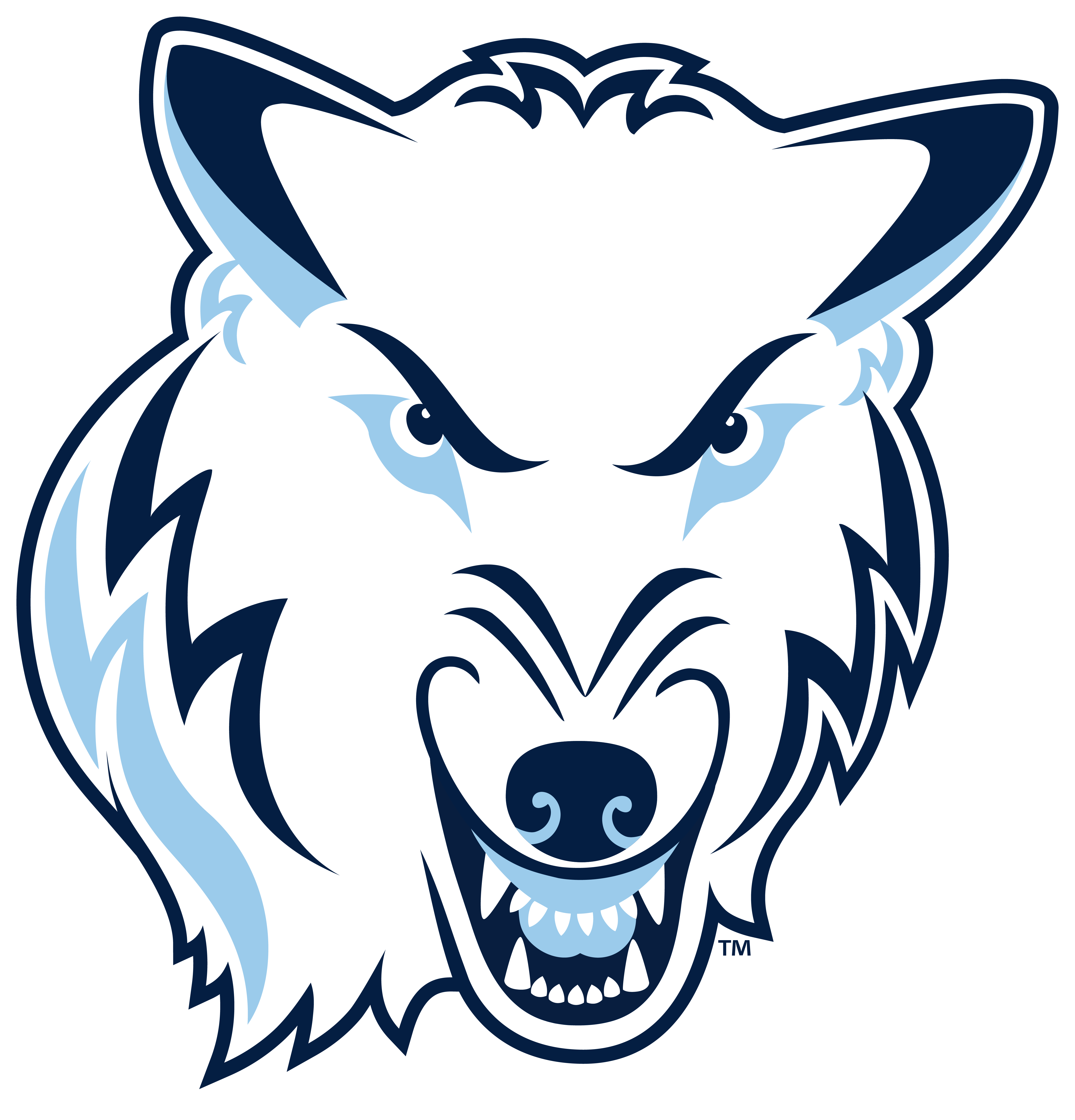 Fierce white wolf head with blue accents, snarling with bared teeth and intense eyes.