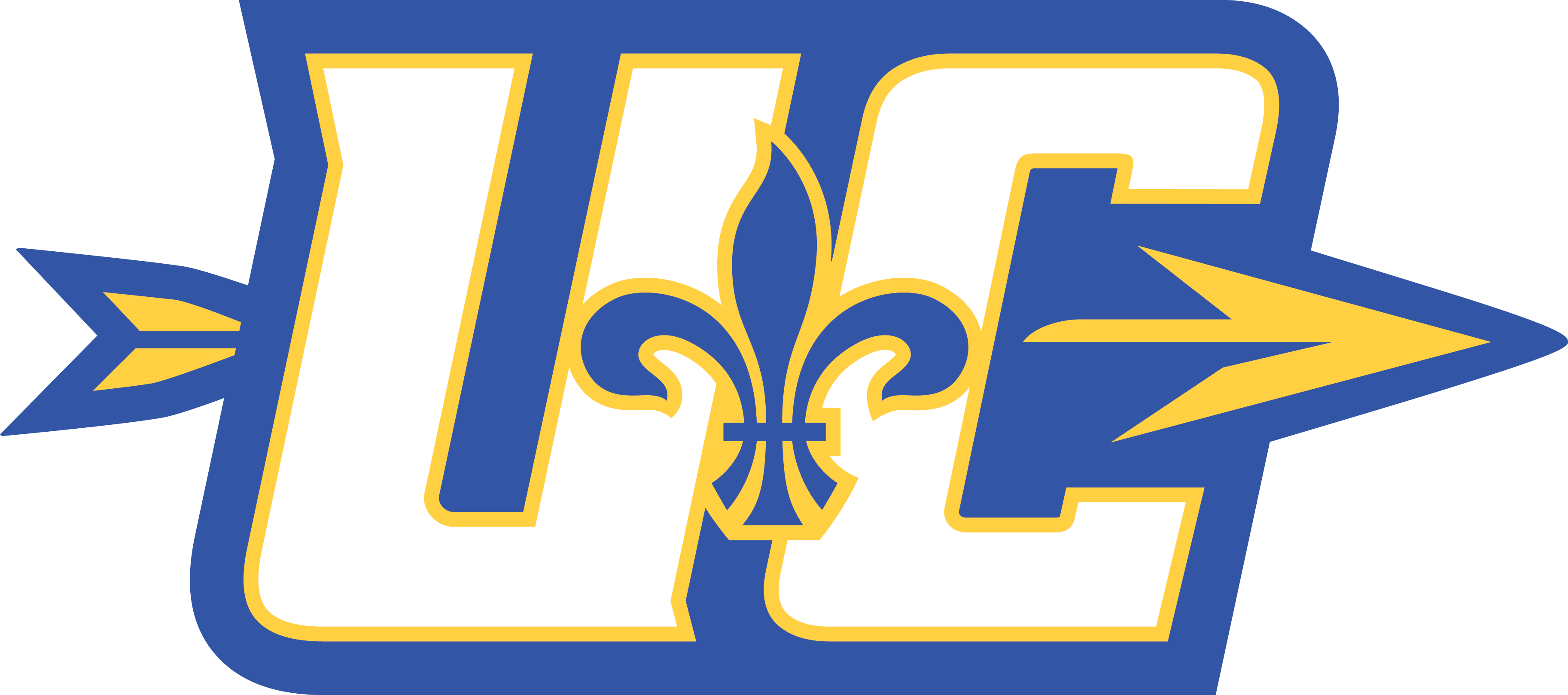 White letters UC with yellow outline and fleur-de-lis in center, on blue background with yellow arrow.
