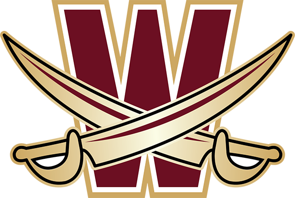 Large maroon letter W with two crossed swords in front on a golden background.